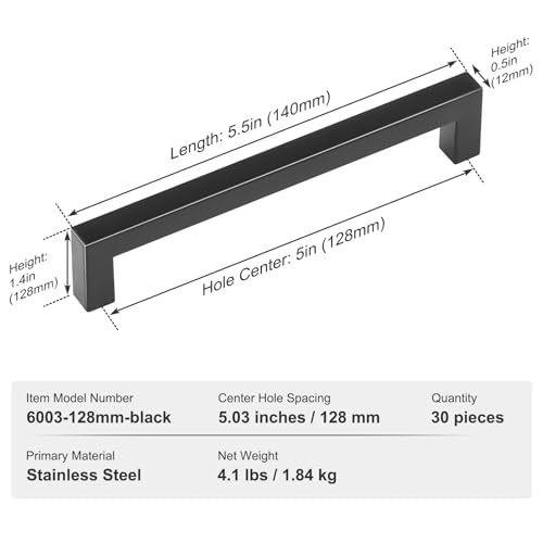 VEVOR 30 Pack Black Cabinet Pulls, 5.03in / 128mm Center to Center Kitchen Cabinet Drawer, Rust and Scratch-Resistant Hardware, Stainless Steel Door Handles for Kitchen Bathroom Bar Hardware Matte - size: 5 inch Hole Centers(128mm)