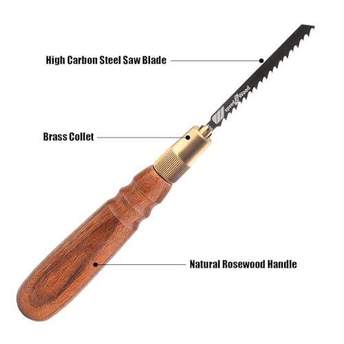 TOOLCOOL Wooden Handle Mini Hand Saw Small Jig Saw With 5 Pcs Fine Coarse Teeth Jigsaw Blades Woodworking Tools for Wood Cutting and Tree Branch Trimming (Round Handle)