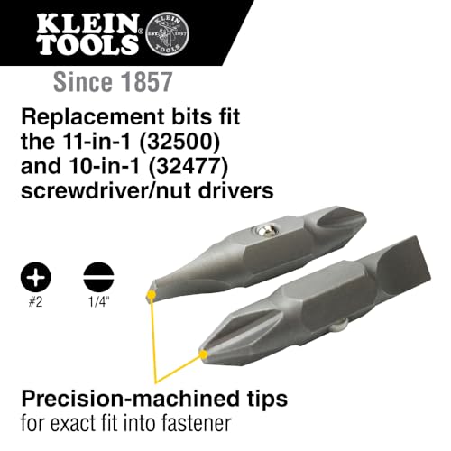 Klein Tools 32483 Bit for 11-in-1 and 10-in-1 Klein Screwdriver Nut Driver, #2 Phillips, 1/4-Inch Slotted - size: Pack of 1, style: #2 Phillips, 1/4" Slotted