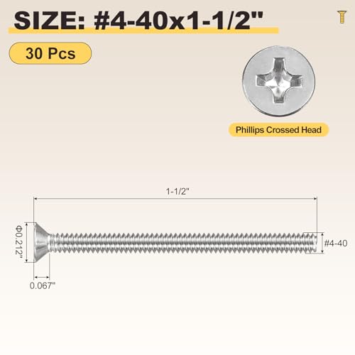 METALLIXITY #4-40x1-1/2 Phillips Flat Head Bolts 304 Silver 30Pcs - color: Silver, size: #4-40x1-1/2"