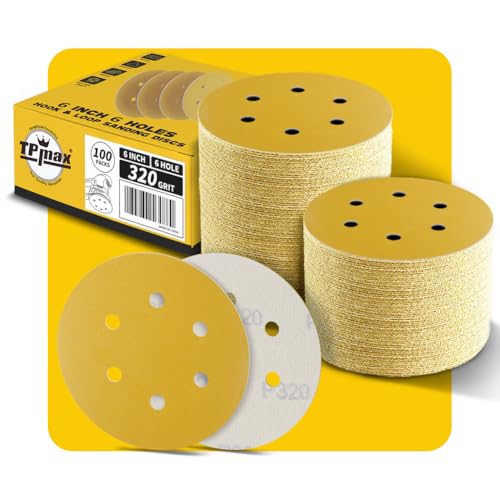 100PCS 6 Inch 320 Grit 150mm 6 Hole Sanding Discs Sandpaper - Premium Gold Round Hook and Loop for Random Orbital Sander - Ideal for Wood, Metal, Automotive - style: 320 Grit - 100 Pack