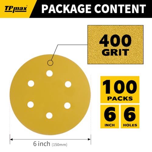100PCS 6 Inch 400 Grit 150mm 6 Hole Sanding Discs Sandpaper - Premium Gold Round Hook and Loop for Random Orbital Sander - Ideal for Wood, Metal, Automotive - style: 400 Grit - 100 Pack