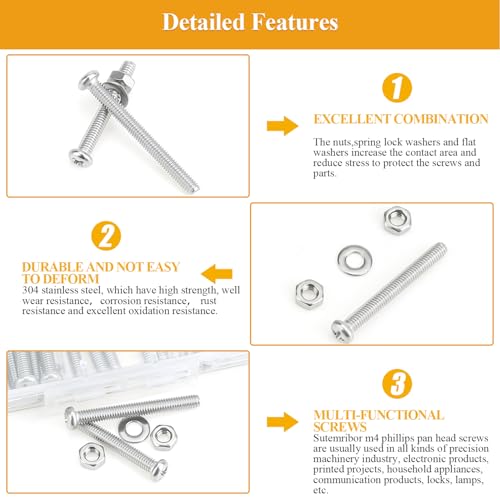 185 Pieces M4 x 30/35/40/45/50mm Machine Screws Nuts Washers Set, Sutemribor M4 Long Screws, M4 Phillips Pan Head Machine Screws Nuts Washers Assortment Kit, 304 Stainless Steel, Fully Threaded - size: M4 x 30-50mm, style: Phillips Pan Head
