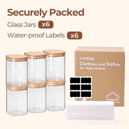 ComSaf 1.2 QT Glass Storage Containers with Lids, Glass Jars with Lids, Clear Food Jar, Square Canister Set of 6, Pantry Organizers and Storage for Cookie Flour Oat Pasta Tea Coffee Bean (Pack of 2) - size: 1.2Qt*6 (Pack of 2)