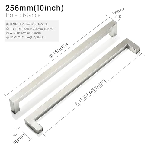 Cabinet Pulls Brushed Nickel Cabinet Handles Square Drawer Pulls, 10 Pack 10 Inch Stainless Steel Kitchen Door Cupboard Cabinet Handles, Cabinet Hardware Drawer Handles, 256mm Hole Centers - color: Brushed Nickel, size: Two Hole - 10 inch Hole Centers(256