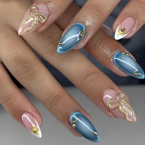 LPOODDNU 3D Gold Bow Star Press on Nails Almond - Medium Blue Fake Nails with French Tip Designs, Glossy Finished Reusable False Nails with Adhesive Glue Tabs - 24Pcs Nail Kit for Women Manicure - color: blue 3d gold bow star