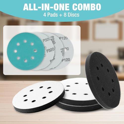 WORKPRO 5 Inch Orbital Sander Pads 4 Foam 8 Discs 80-320 Grit | 12-piece kit: 4 foam pads + 8 discs, 8-hole hook-loop. Grits 80/120/240/320. For sanding, contours, finishing. - style: 4 Pads + 8 Sandpapers