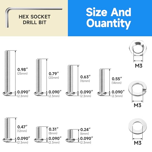 550 Pieces M3 Screw, Button Head Socket Cap Metric Screws Assortment Kit, 304 Stainless Steel Bolts and Washers/Nuts/Hex Wrenches M3*6/8/12/14/16/20/25mm - size: 550Pcs M3