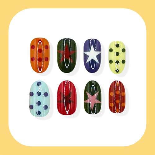 Short Almond Press On Nails Colorful with Y2K Star Polka Dots - color: Style5