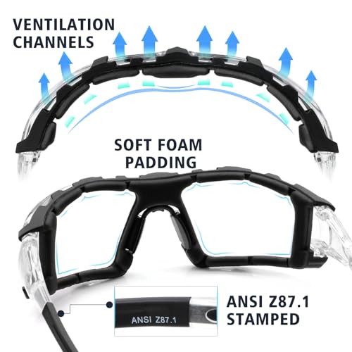 UKNOW Safety Glasses - Anti Fog Wraparound Lenses - Removable Foam Gasket - ANSI Z87.1 Protective Eyewear - Impact Resistant - color: Black