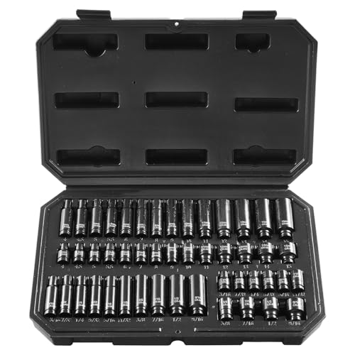 VEVOR Drive Impact Socket Set 1/4" - 48 Piece Deep & Shallow Socket Set SAE 3/16"-9/16" and Metric 4-15mm - 6 Point Cr-Mo Alloy Steel for Auto Repair - Easy-to-Read Size Markings Storage Case - size: 1/4" 48 PCS CR-MO