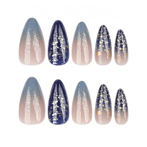 Ombre Press On Nails medium, Almond Fake Nails Featuring a Nude-to-Blue Gradient and accented with golden glitte, Glossy Finish Acrylic Nails, Reusable Glue On Nails for Women - color: 42-Golden Tide