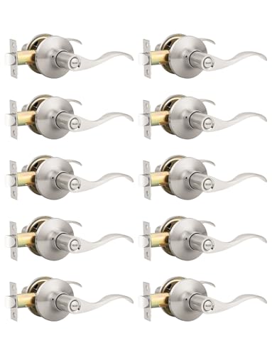 Mengico 10 Pack Satin Nickel Privacy Door Lever, Modern Interior Door Knobs Locks for Bedroom and Bathroom, Heavy Duty Door Handle, Reversible Wave Lever Handle - size: Privacy Function - Keyless