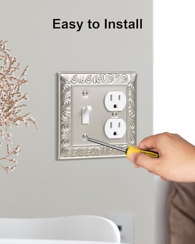 2-Pack Paisley Pattern Metal Combo Toggle/Duplex Light Switch Cover Plate | Decorative Wall Outlet Cover Plate, 2 Gang Metal Wall Plates for Electrical Outlets, Light Switch, Satin Nickel - color: Satin Nickel, size: 1 Toggle/1 Duplex 2PK