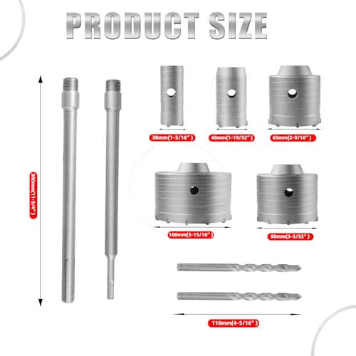 ZKH 9PCS Concrete Hole Saw Kit, Masonry Hole Saw 30 40 65 80 100 MM with 2 Drill Bits and SDS Plus & Max Shank, Hole Saw Set for Concrete Cement Brick Stone Wall Drilling