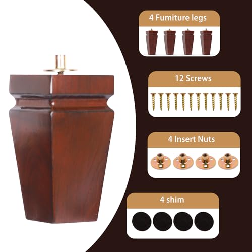 Wood Legs for Furniture 6 inch Heavy Duty Sofa Legs Square Brown Bed Legs Pack of 4, Sofa Replacement Parts, Dresser Leg, Cabinet Feet, Futon, Ottoman, Couch Legs, Couch Riser - color: Brown, size: 6"H*3.15"W