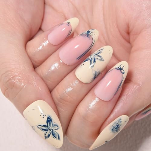 Blue French Tips Press On Nails Medium Almond, Flower Sticke On Nails, Salon Quality. Floral Designer Reusable Acrylic Fake Nails Press Ons, Spring-Summer Ready Daily Wear Press-Ons for Women - color: LF3757-Blue Flower French, size: 24 Pieces (Pack of 1)
