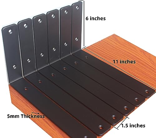 2 Pack - L 11" x H 6" x W1.5, 5mm Thick Black L Shelf Bracket, Iron Shelf Brackets, Metal Shelf Brackets, Floating Shelf, Shelf Supports with Screws - size: 11''x6'', style: Black 2 Pack