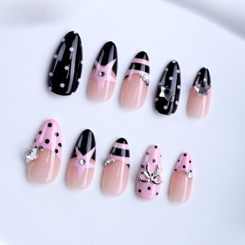 Medium Almond Press On Nails Pink Black with Y2K 3D Star Polka Dots Stripe - color: Style29