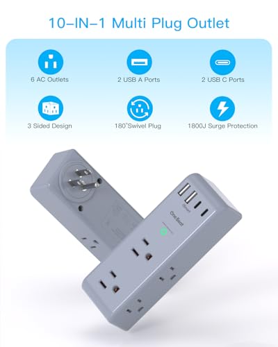 Surge Protector Outlet Extender, Multi Plug Wall Outlet, Rotating Plug,Grey - color: Grey, size: 2C2A, 1 Pack