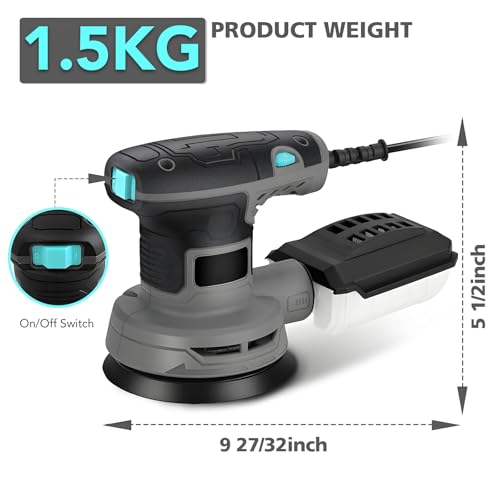 5-Inch Random Orbital Sander, 3Amp Electric Palm Sander with 6-Speed Control, Dust Collector & 16 Sandpapers for Woodworking, Sanding and Polishing Wood/Metal Surfaces