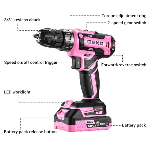 Power Drill Cordless: DEKOPRO Pink Cordless Drill 20V Electric Power Drill Set Tool for Women Drills with Battery and Charger 20 Volt Drills Driver Kit - color: Pink