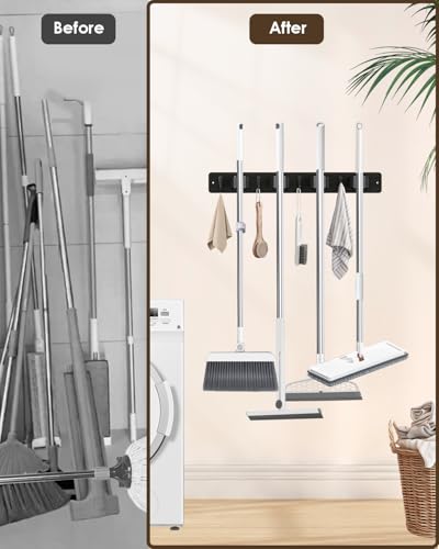 AceMining Black Broom Holder Wall Mount, 4 Holders 4 Hooks Mop Holder - color: Black, size: 1 Pack