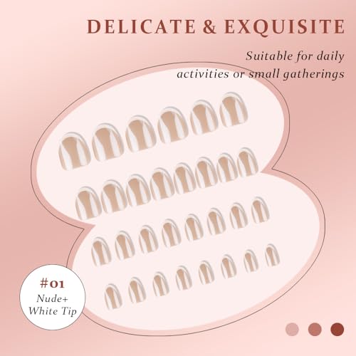 Press On Nail, French Tip Chrome Acrylic Press On Nails Short Round, Designer Reusable Glazed Fake Nails, Glossy Soft Gel Nails Wedding and Party, Stick On Glue On Nails Press Ons for Women - color: Chrome French Short Round-3496, size: 24 Pieces (Pack of