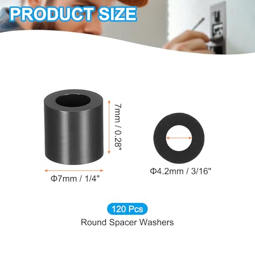 PATIKIL 120Pcs ABS Spacers 4mm ID, 7mm OD, 7mm Height Plastic Round Stud Spacer Black Nylon Washers Nut Unthreaded Rubber for M4 Screws Bolts Barrel - size: 4mm ID, 7mm OD, 7mm Height