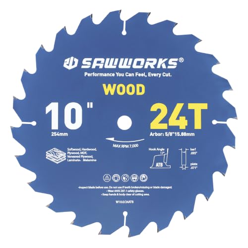 SawWorks 10" 24T Thin Kerf Circular Saw Blade for Wood Ripping Framing - size: 10 In 24T