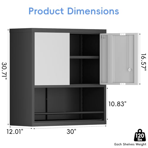 Garage Locking Cabinet, Wall Storage Cabinet with Shelves, Hanging Cabinets with Open Storage, Small Wall Cabinet, Lockable Tool Cabinet for Basement, School, Office - color: 31"h - Grey/Black