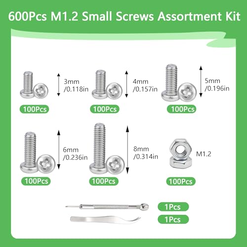 600Pcs M1.2 x 3mm / 4mm / 5mm / 6mm / 8mm Metric Micro Screws Nuts Assortment Kit, Phillips Pan Head, Tiny Machine Screws Assortment for Watch Repair, Electronics, RC Drones, Arduino, DIY Projects - size: M1.2x3/4/5/6/8-600Pcs
