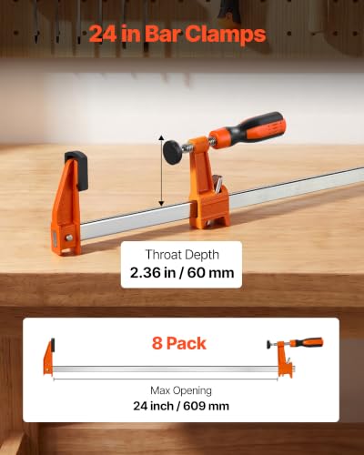 VEVOR Bar Clamps for Woodworking, 8-Pack, 24" Opening F Clamps, 600 lbs Load Limit, with Plastic Pad and Self-Locking Design, Premium Cast Iron and Carbon Steel, for Wood Working and Metal Working - size: 24"(8 Pack), style: Medium-Duty