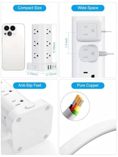 10FT Power Strip Tower Surge Protector, 12 Wide Spaced Outlets, 4 USB - color: White, size: 10FT without Wireless Charging