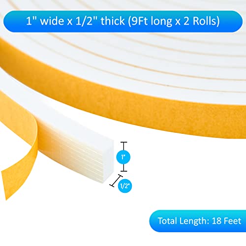 High Density Foam Weather Stripping Door Seal Strip Insulation Tape Roll for Insulating Door Frame, Window, Air Conditioner | Self Adhesive Sealing Weatherstrip (White, 1 in x 1/2 in x 18 Ft) - color: White, size: 1 In x 1/2 In x 18 Ft