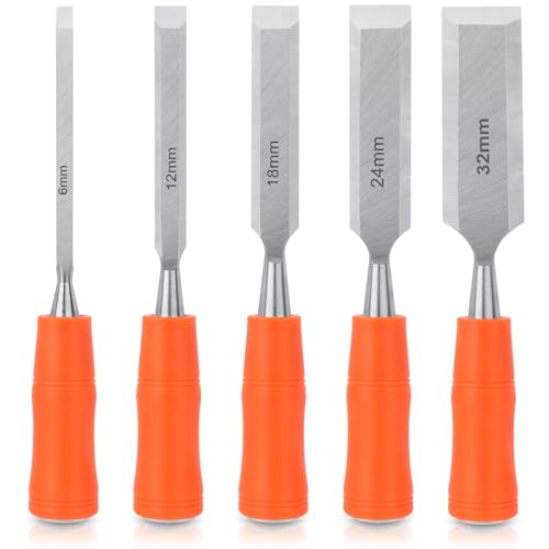 5 Piece Wood Chisel Sets Woodworking Tools Set, Wood Chisels for Woodworking with Steel Hammer End, Wood Tools Chisel Set Woodworking with Ergonomic Plastic Handle, 6mm, 12mm, 18mm, 24mm, 32mm - size: 5 Pack