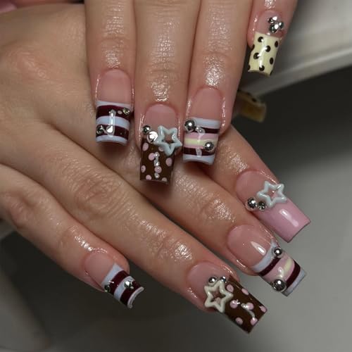 Medium Square Press On Nails Pink Brown with Y2K 3D Star Polka Dots - color: Style16