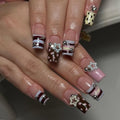 Medium Square Press On Nails Pink Brown with Y2K 3D Star Polka Dots - color: Style16