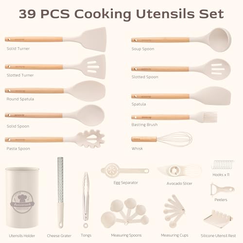 Astercook Kitchen Utensils set, 39 PCS Silicone Cooking Utensils Set with Wooden Handle, 446°F Heat Resistant Food Grade Utensil Sets, BPA Free Kitchen Gadgets Tools Set for Nonstick Cookware (Cream) - color: Cream