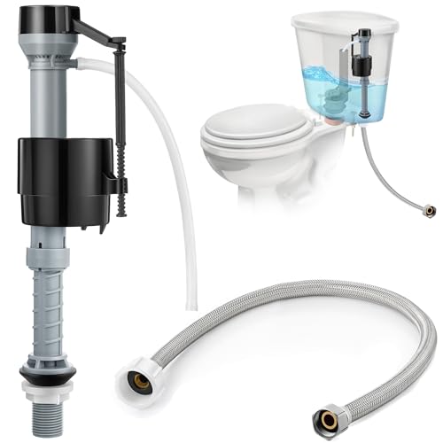 Universal Toilet Fill Valve Replacement Kit, Toilet Repair Kit Inside Tank and 12 Inch Flexible Connector, Flusher Replacement Kit Adjustable & Water saving, Quiet & Easy Install Tank Water Control