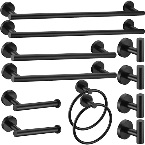 12 Pieces Matte Black Bathroom Hardware Accessories Set Hand Towel Ring 16&23.6 inch Round Towel Bar Toilet Paper Holder Towel Hooks 4 Pieces SUS 304 Stainless Steel,Heavy Duty,Wall Mounted - color: Matte Black, size: 12 piece 24"