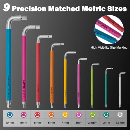HAUTMEC Metric Allen Wrenches Sets with Ball End, 9PCS Extra Long Arm Hex Key Set, Heavy-Duty S2 Steel Pro Allen Key Set, 1.5-10mm, Color Coded Sleeve with Belt Loop Pouch for Professional Mechanics - style: 9PCS(Metric)