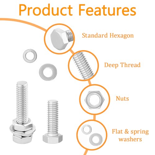116Pcs M6 M8 M10 Screw Set Metric Bolt Assortment 304 Stainless Steel Nuts and Bolts Set Flat & Spring Washers Hex Head Cap Screws Bolts and Nuts Kit Includes 6 Common Sizes Fully Thread - size: M6 M8 M10-116Pcs