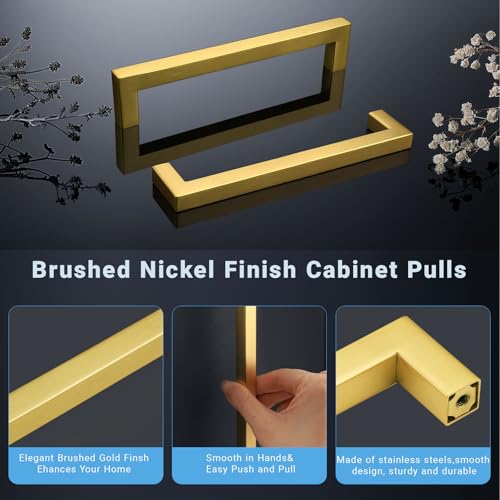 KNOBWELL 6Pack 7-9/16 Inch Brushed Gold Cabinet Pulls Stainless Steel Kitchen Cabinet Handles Square Drawer Pulls Modern Cabinet Hardware Handles，192mm Hole Centers - color: Brushed Gold, size: Hole Center:7-9/16 inch(192mm)