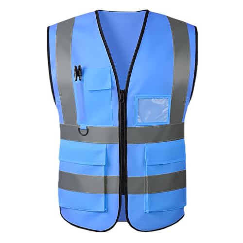 High Visibility Safety Vest with Reflective Strips & Pockets - color: Blue, size: Medium
