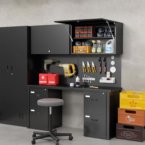 Garage Wall Cabinet, Metal Tool Cabinet with Lock&Adjustable Shelf - color: Black