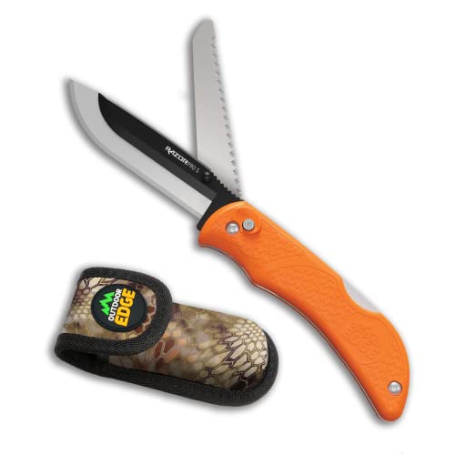 OUTDOOR EDGE RazorPro S - RazorSafe Replaceable Blade 3.5" Folding Knife with Saw and Camo Nylon Sheath (Orange, 6 Blades) - style: RazorPro (Saw)