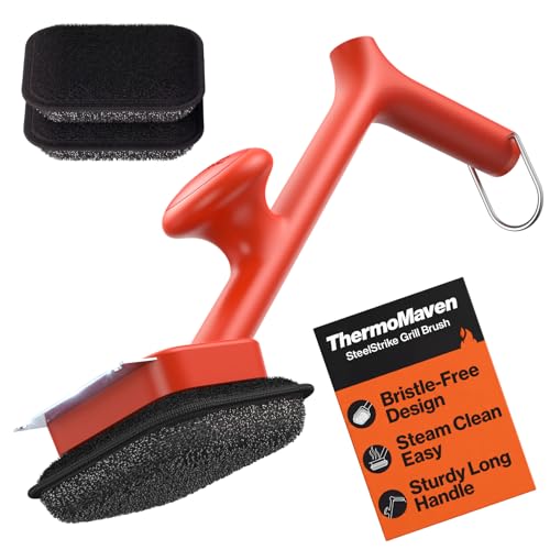 ThermoMaven Bristle-Free BBQ Grill Brush - No Wire Risk Steam Cleaner Removes Burnt Grease Fast - 17" Cool-Touch Handle, Scraper & 3 Replaceable Heads for Gas, Charcoal & Cast Iron - size: Red 3pcs-Small