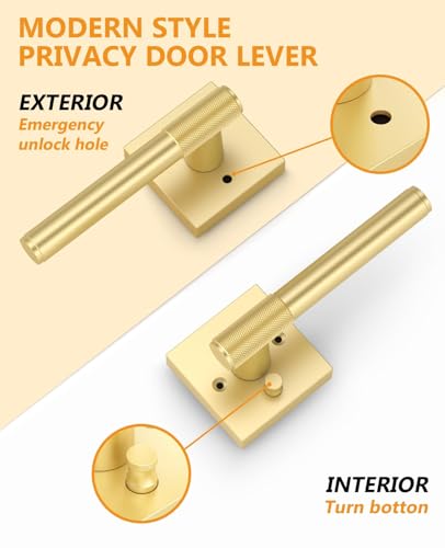 Asidrama 4 Pack Gold Privacy Interior Door Handles | Thumb-Turn Privacy Lock,Fits 1-3/8"-1-3/4" Doors,Adj. 2-3/8"-2-3/4" Latch,Heavy-duty Zinc,Easy DIY Setup - color: Brushed Gold