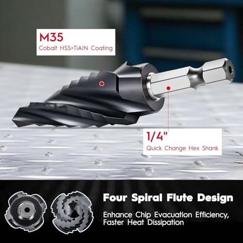 Cobalt Step Drill Bit 1/4" to 3/4", TiAlN Coating 4 Spiral Flute Step Bit - color: 1Pcs M35 Spiral